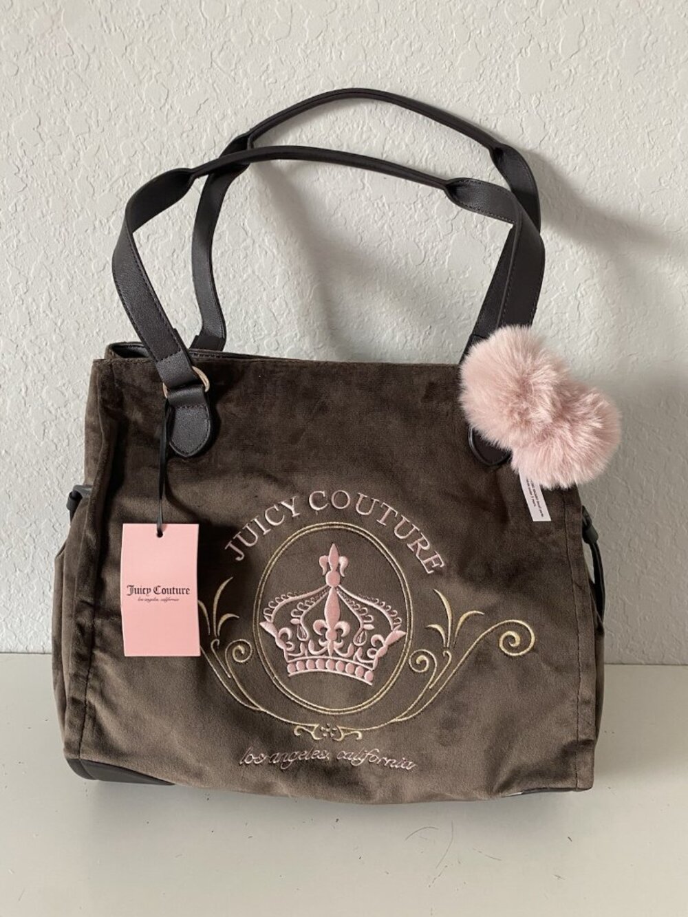 Juicy Couture Juicy Magnifique Tote Bag Chocolate Velvet W/Pom Pom Charm NEW
